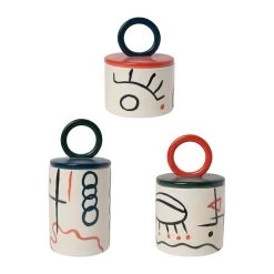 SEMA DESIGN Lot De 3 Pots Avec Couvercle Visage Arty Ivoire Et Noir En Gres